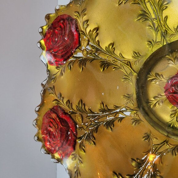Elegant Vintage Embossed Glass Bowl With Red Roses & Scalloped Edge - Picture 11 of 11